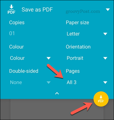 خيارات الطباعة في Android لـ Google Sheets