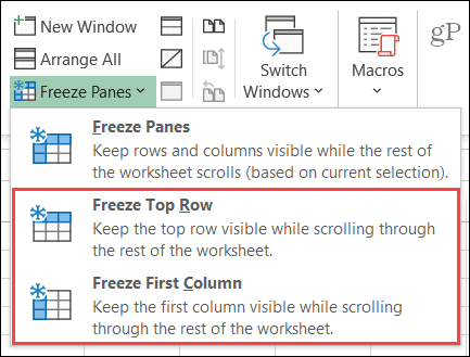 تجميد العمود أو الصف في Excel على Windows
