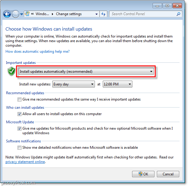 Windows 7 - لقطة شاشة لقائمة تكوين Windows Update