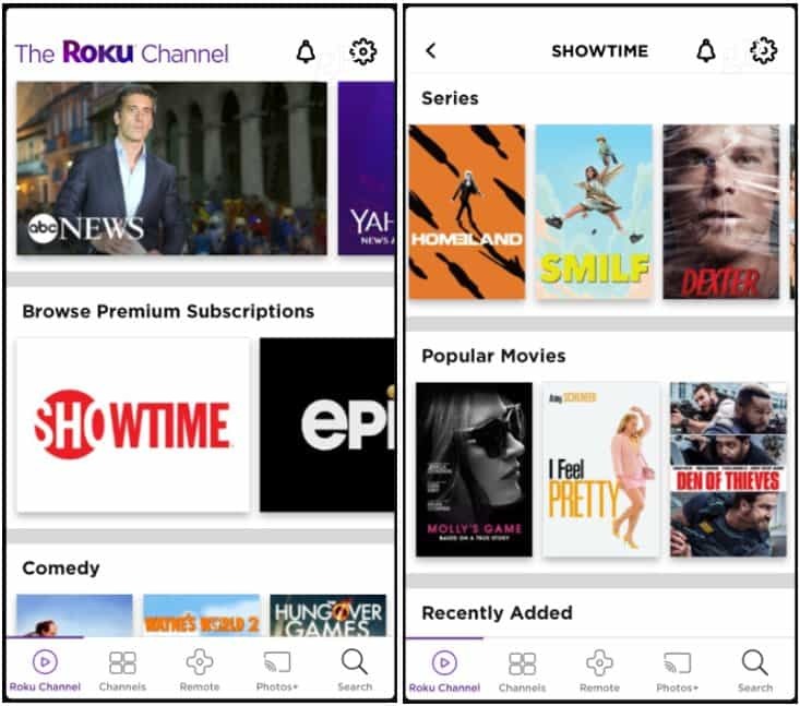 القنوات المميزة Roku Channel App iOS
