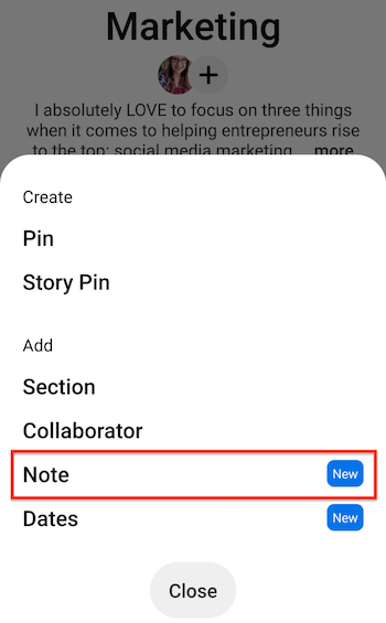شاشة pinterest board mobile مع خيارات إنشاء / إضافة القائمة التي تعرض خيار الملاحظة المميز