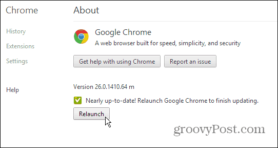 صفحة Google Chrome حول - التحديث وإعادة التشغيل