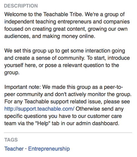 في وصف مجموعة Facebook ، تنص Teachable مباشرة على أن مجموعة Facebook الخاصة بها تدور حول إنشاء مجتمع.