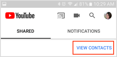 اعرض رابط جهات الاتصال في علامة التبويب مشاركة في تطبيق YouTube للجوال