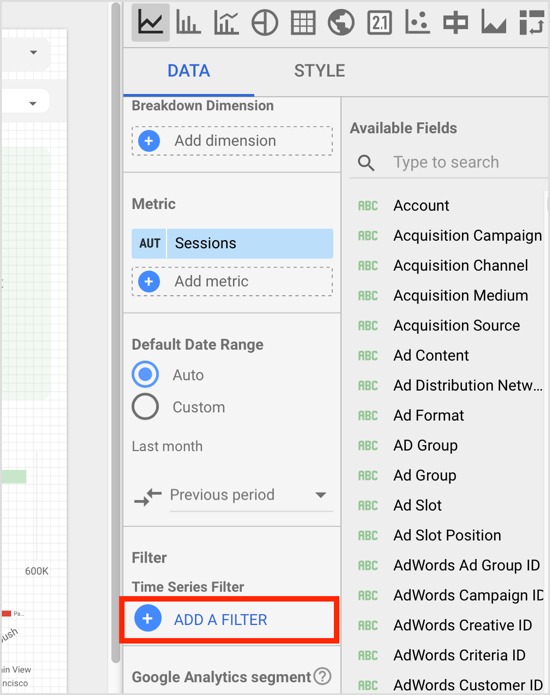 في لوحة خصائص المكون ، انقر فوق الخيار Add a Filter في علامة التبويب Data.