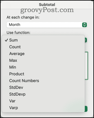 وظائف مختلفة متاحة في مربع حوار المجموع الفرعي في Excel