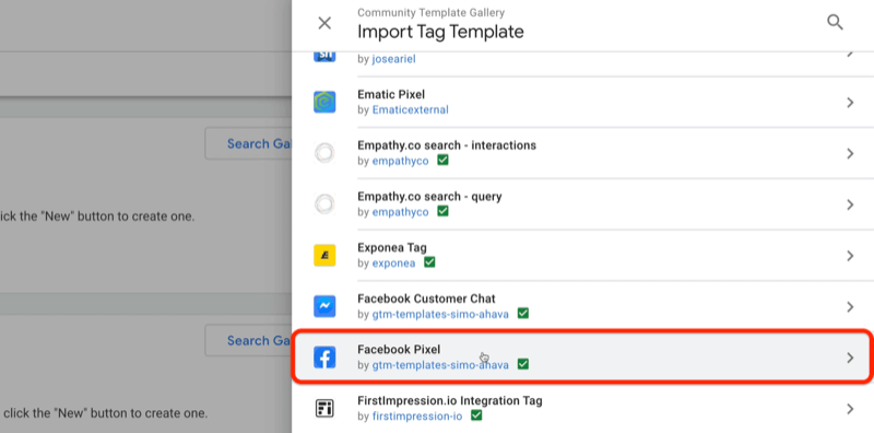google tag manager community template gallery import tag template menu with example Templates of ematic pixel ، exponea tag ، facebook customer chat ، من بين أمور أخرى مع facebook pixel المميز