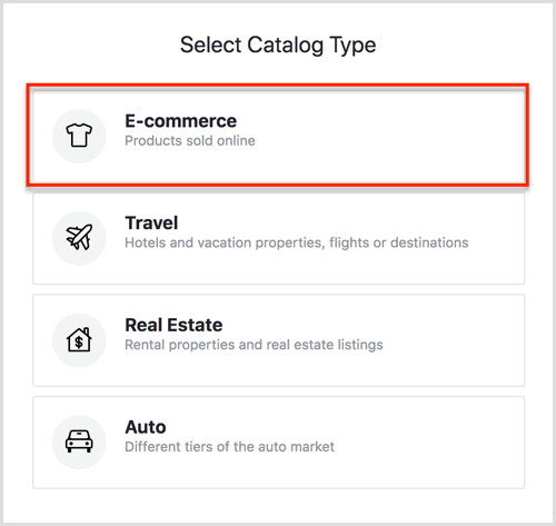 حدد خيارات نوع الكتالوج في Facebook Catalog Manager