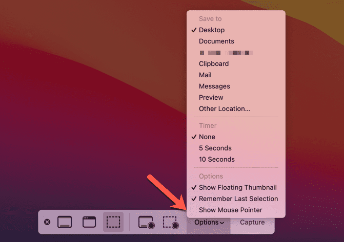 خيارات شريط لقطة شاشة Mac