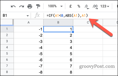 استخدام عبارة IF لتغيير الأرقام السالبة إلى نقاط إيجابية في جداول بيانات Google