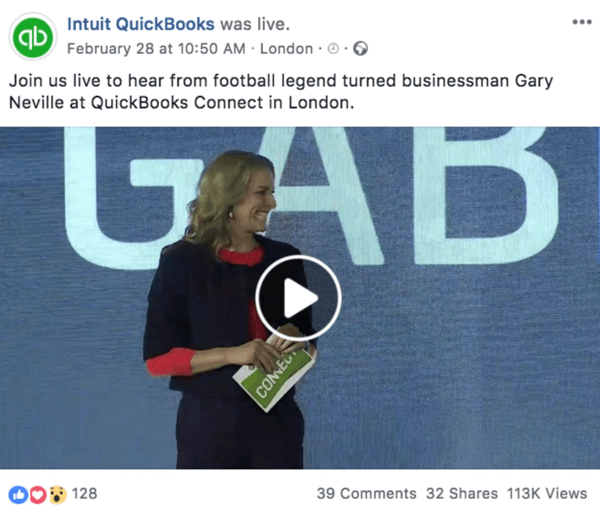 مثال على منشور على Facebook يعلن عن فيديو مباشر قادم من Intuit Quickooks.