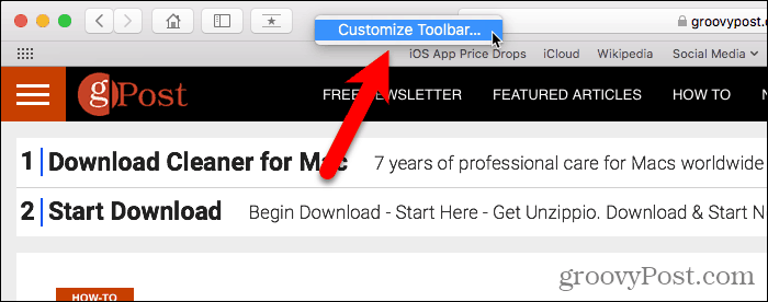 حدد تخصيص شريط الأدوات في Safari لنظام التشغيل Mac
