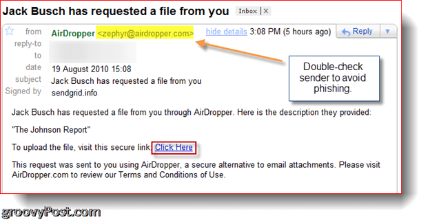 AirDropper Dropbox - ملف طلب البريد الإلكتروني
