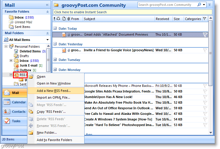 لقطة شاشة Microsoft Outlook 2007 إضافة موجز RSS جديد