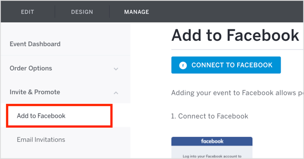 في علامة التبويب إدارة Eventbrite ، انقر فوق Invite & Promote وحدد Add to Facebook من القائمة المنسدلة.