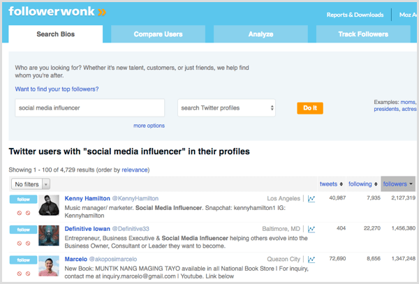 Followerwonk نتائج علامة التبويب Search Bios