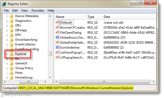 العثور على مفتاح التسجيل المتعلق بالإصدار الحالي من المستكشف في سجل ويندوز 7
