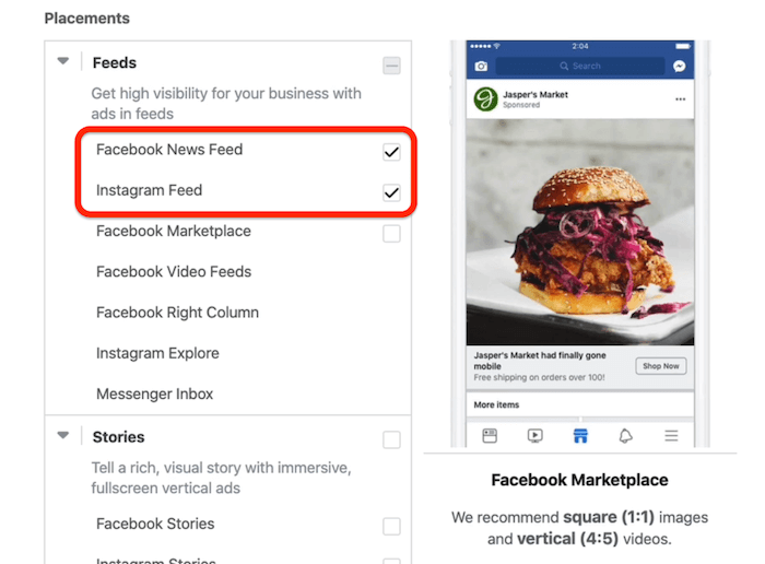 مواضع موجز أخبار Facebook و Instagram Feed المحددة على مستوى مجموعة الإعلانات في Facebook Ads Manager