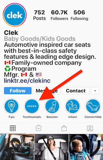 Instagram Stories يسلط الضوء على الألبوم لشهادات على ملف تعريف Clek للأعمال