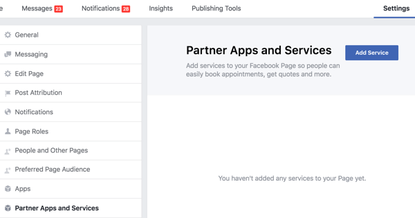 انقر فوق تطبيقات وخدمات الشركاء في إعدادات صفحة Facebook الخاصة بك.