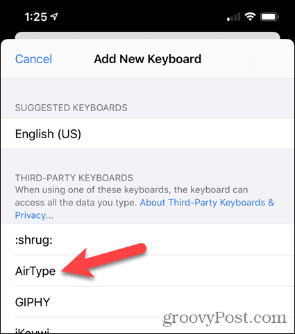 اضغط على AirType في قائمة لوحات مفاتيح الطرف الثالث في إعدادات iPhone