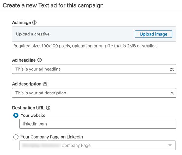 كيفية إنشاء إعلان نصي على LinkedIn ، الخطوة 12 ، إعدادات نص الإعلان