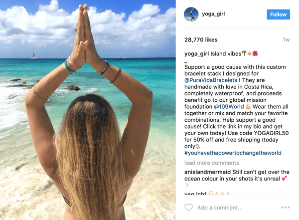 في هذا المنشور المؤثر المدفوع ، تمكنت Pura Vida من الاستفادة من 2.1 مليون متابع لـ Rachel Brathen (yoga_girl) وتتبع عائد الاستثمار من خلال قسيمة حصرية.