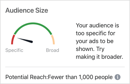 رسالة حجم جمهور Facebook: جمهورك محدد جدًا بحيث لا يمكن عرض إعلاناتك.