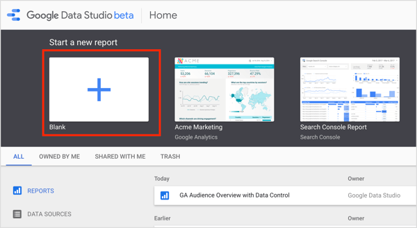 انتقل إلى الصفحة الرئيسية لـ Google Data Studio وانقر فوق بدء تقرير جديد في علامة التبويب تقرير.