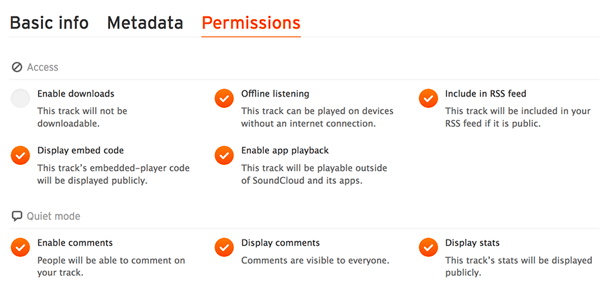 تحقق من علامة التبويب الأذونات للتأكد من تضمين ملف الصوت في موجز RSS الخاص بـ SoundCloud.