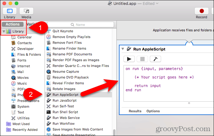 اسحب تشغيل AppleScript إلى لوحة سير العمل في Automator