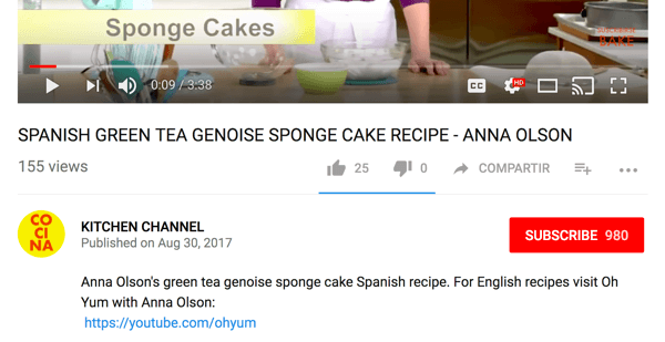 توجه Cocina الجماهير الناطقة باللغة الإنجليزية إلى قناة طبخ مختلفة على YouTube.