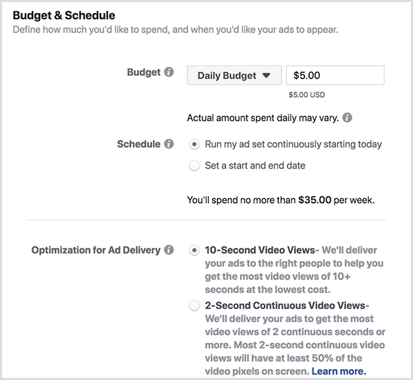 تتضمن ميزانية إعلانات Facebook وخيارات الجدول الزمني الميزانية اليومية و 10 ثوانٍ المشاهدات.