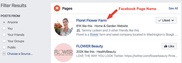مثال على صفحة Facebook المسماة Floret Flower Farm في نتائج البحث.