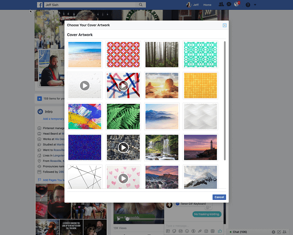 يتيح Facebook الآن للمستخدمين تحديد مقطع فيديو لصورة غلاف الملف الشخصي من مكتبة Artwork. 