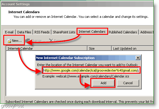 لقطة شاشة لتقويم Outlook 2007 - إضافة تقويم إنترنت