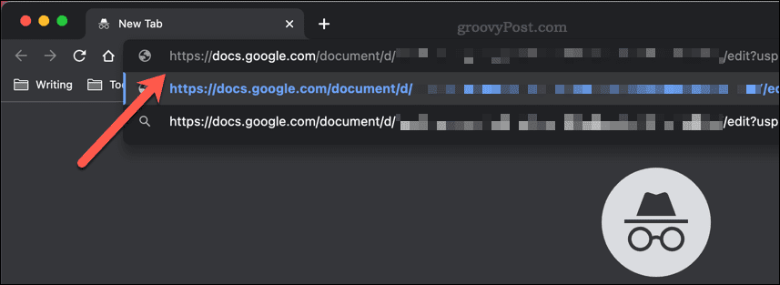 لصق رابط مشاركة محرر مستندات Google في شريط عناوين نافذة التصفح المتخفي في Google Chrome