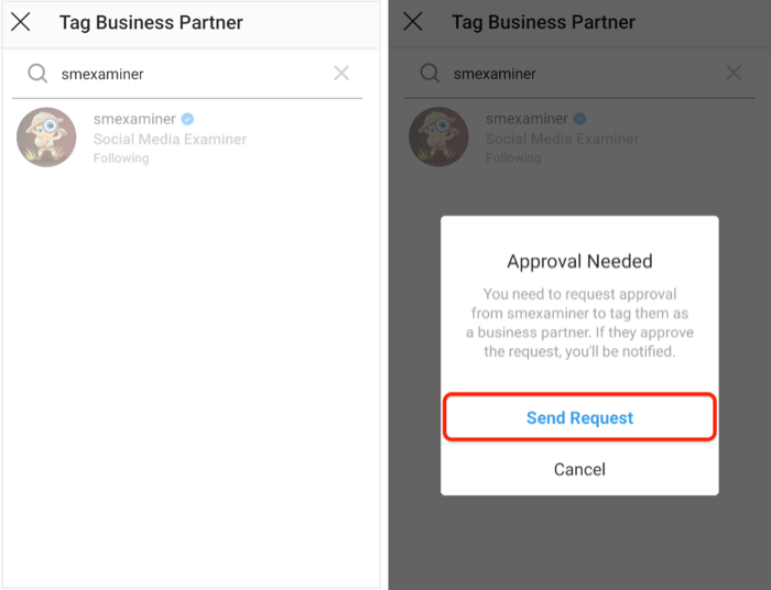 إرسال طلب الموافقة لشريك العمل على Instagram