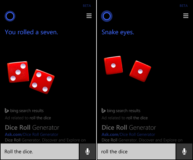 اقلب عملة معدنية أو رمي النرد مع Cortana على Windows Phone 8.1