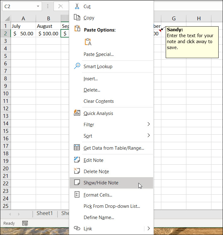 إظهار أو إخفاء الملاحظات في Excel