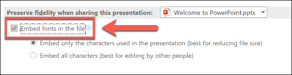 خيار تضمين الخطوط في PowerPoint