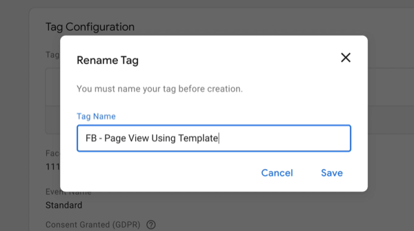 علامة جديدة لبرنامج مدير العلامات من google مع إعادة تسمية خيارات قائمة العلامات مع إدخال اسم العلامة الجديد كـ "fb - عرض الصفحة باستخدام النموذج"