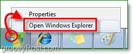 للدخول إلى مستكشف Windows 7 ، انقر بزر الماوس الأيمن فوق بداية الجرم السماوي وانقر فوق فتح مستكشف النوافذ
