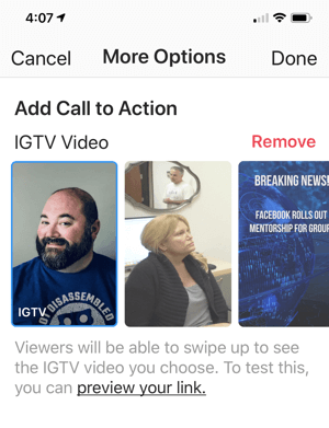 الانتهاء من إضافة رابط فيديو IGTV إلى قصة Instagram الخاصة بك.