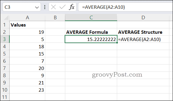 مثال على صيغة AVERAGE في Excel