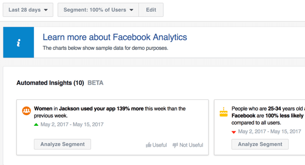 يمكن أن توفر أداة Analytics في Facebook Ads Manager رؤى آلية حول صفحاتك وجهود التسويق الأخرى على Facebook.