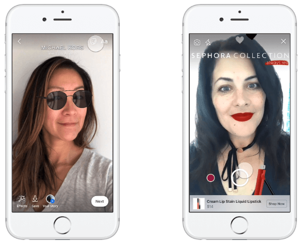 كان Michael Kors أول علامة تجارية تختبر إعلانات الواقع المعزز في News Feed ، مما مكّن الأشخاص من تجربة زوج من النظارات الشمسية وإجراء عملية شراء بناءً على تجربتهم.
