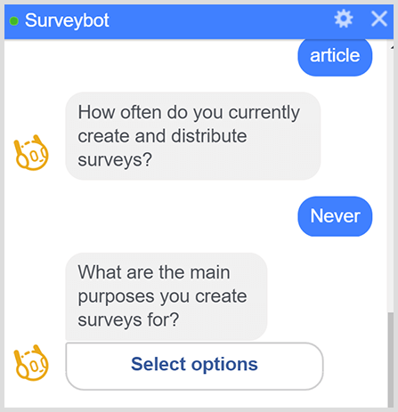 يسأل روبوت المراسلة سلسلة من أسئلة الاستطلاع.