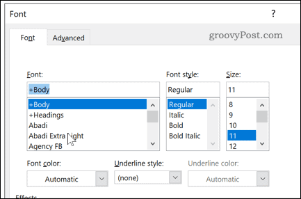 إعدادات الخط في Word