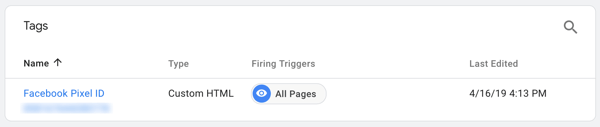 استخدم Google Tag Manager مع Facebook ، الخطوة 7 ، راجع العلامة التي تحمل اسم Facebook Pixel